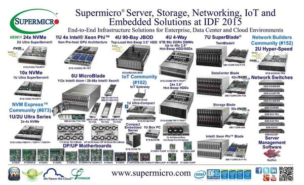 Supermicro® представляет свои решения Ultra 24x NVMe SuperServer®, 42x/30x NVMe SuperBlade®, MicroBlade, 90-отсековый JBOD, SDN-коммутаторы и шлюзы IoT на выставке IDF 2015 Supermicro® представляет свои решения Ultra 24x NVMe SuperServer®, 42x/30x NVMe SuperBlade®, MicroBlade, 90-отсековый JBOD, SDN-коммутаторы и шлюзы IoT на выставке IDF 2015